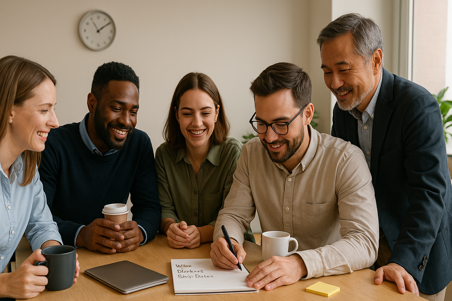 Coworkers gather before a meeting